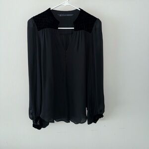 Zara Black Long-Sleeve Blouse with Velvet Yoke
